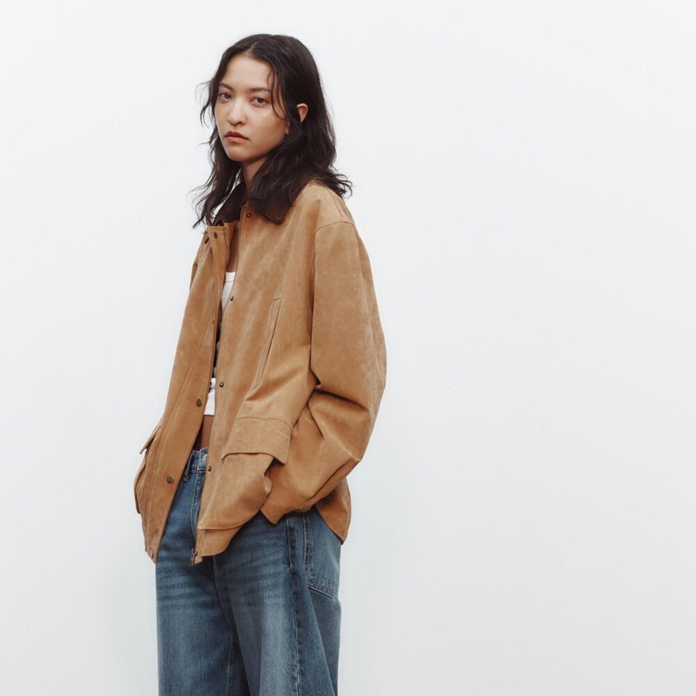 Zara Combination 100% Suede Leather Jacket with Pleat in Taupe Brown, Size Large